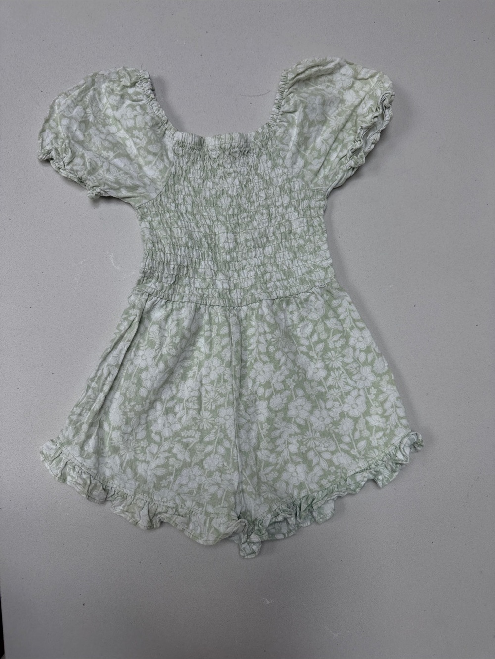 Vince Camuto Light Green Floral Smocked Romper with Puff Sleeves